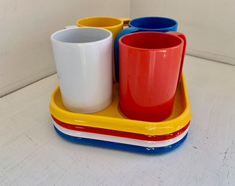 Vintage Ingrid picnic set with mugs multi-colored square plates yellow white blue red