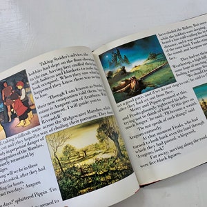 May include: An open book with illustrations of a forest and a group of people. The text on the page reads "Taking Strider's advice, the hobbits had slept on the floor..." and "They set off, taking a difficult route across the Midgewater Marshes..."