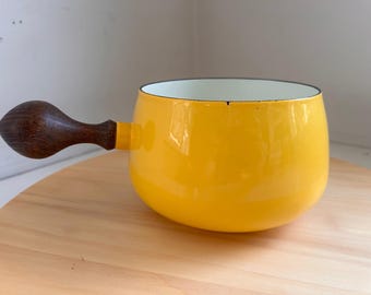 Vintage yellow enamel fondue pot planter storage