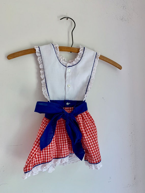 Vintage girls apron dress 2t red white and blue - image 2