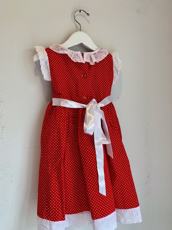 Vintage red polka dot smocked girls dress 3t - image 8