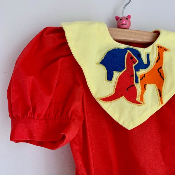 Vintage dinosaur dress handmade 2t 3t yellow red and blue