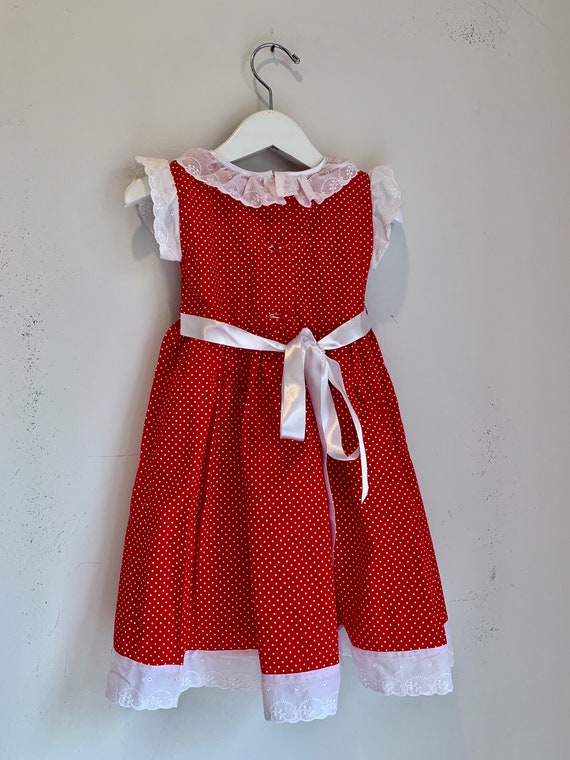 Vintage red polka dot smocked girls dress 3t - image 5