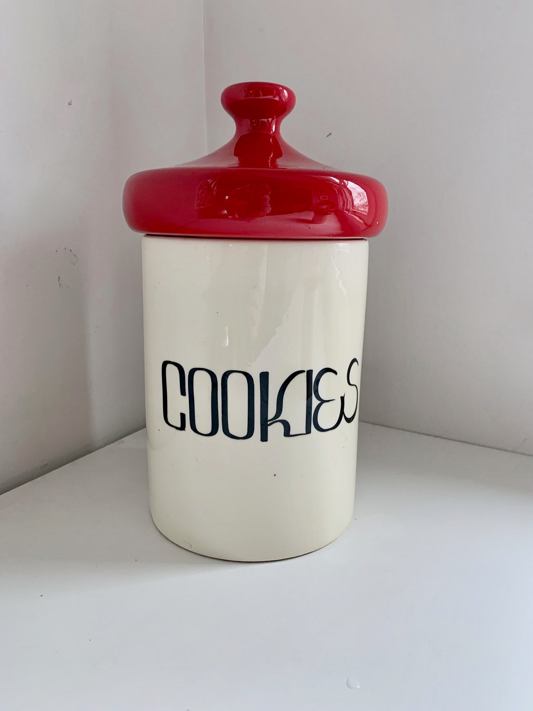 Vintage Holiday Designs Cookie Jar Ceramic Canister MCM Red and White