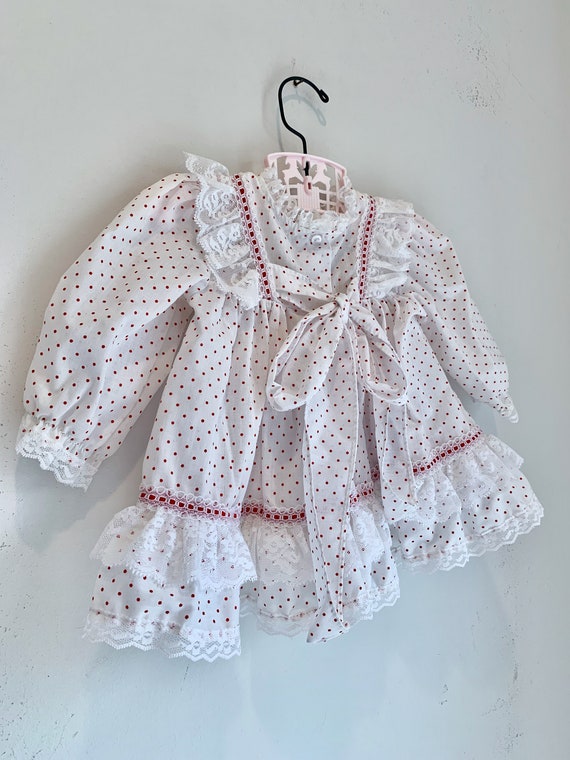 Vintage girls dress white frilly with red polka do