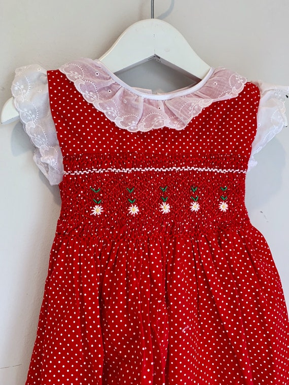 Vintage red polka dot smocked girls dress 3t - image 4
