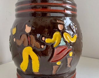 Vintage Red Wing Brown Cookie jar with dancing peasants 1940s