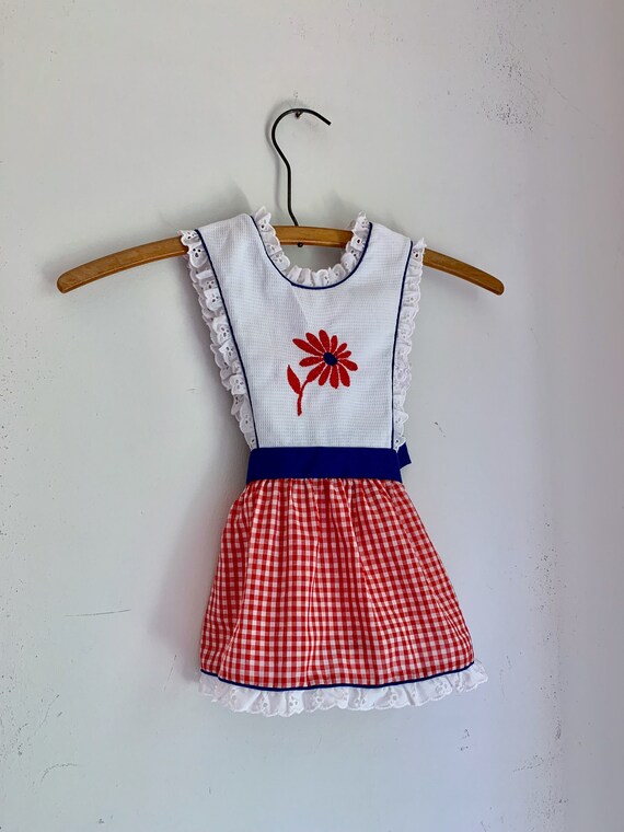 Vintage girls apron dress 2t red white and blue - image 3