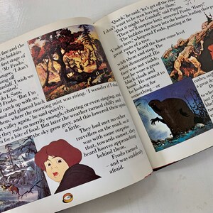 May include: A book open to a page with illustrations and text from the Lord of the Rings. The text reads, "Quick," he said, "let's get off the road. I don't want to be seen leaving the Shire." The illustrations show a dark figure in a hooded cloak and a group of hobbits running through a forest.