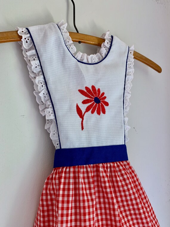 Vintage girls apron dress 2t red white and blue - image 4