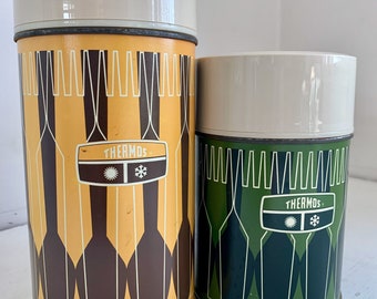 Vintage Thermos King Sealy 1971 set of two metal and plastic container Orange Brown Green Fork Spoon Design