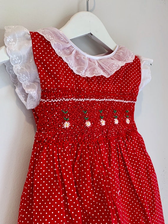 Vintage red polka dot smocked girls dress 3t - image 2