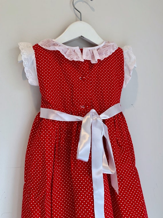 Vintage red polka dot smocked girls dress 3t - image 7