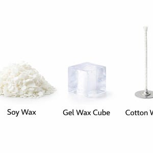 May include: Image of candle-making supplies: a pile of white soy wax flakes, a clear gel wax cube, and a cotton wick with a metal base. Text labels identify each item.