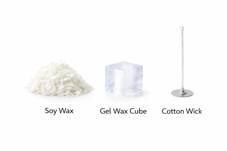May include: Image of candle-making supplies: a pile of white soy wax flakes, a clear gel wax cube, and a cotton wick with a metal base. Text labels identify each item.