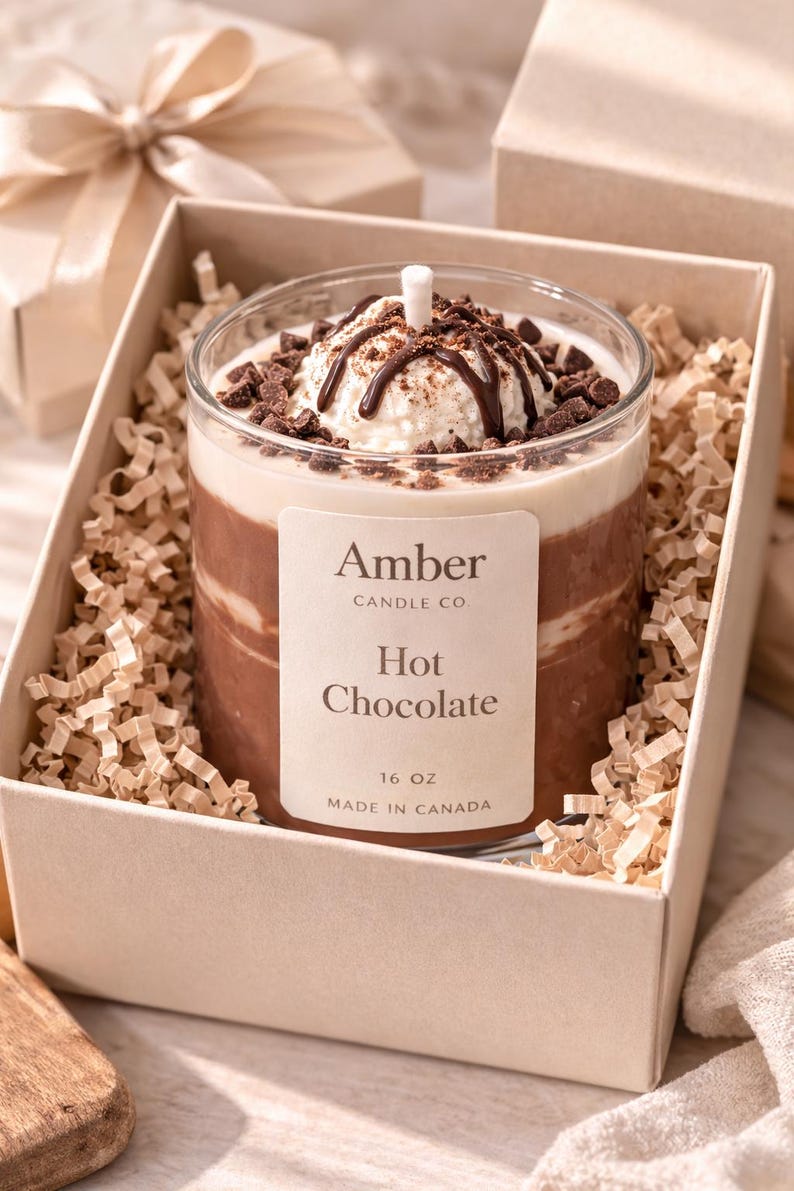Hot chocolate candle in a clear glass jar designed to look like a warm cup of cocoa, topped with realistic whipped cream wax and chocolate drizzle, handmade soy candle from Amber Candle Co.