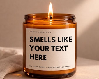 Bougie devis personnalisé | Bougie en cire de soja personnalisée | ça sent le texte personnalisé | Cadeau drôle | Bougie ambrée blanche en pot, 4 oz, 8 oz