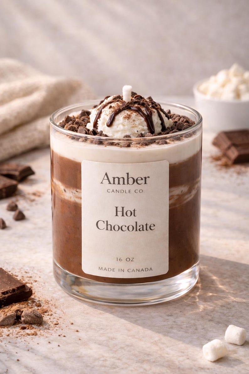 Hot chocolate candle in a clear glass jar designed to look like a warm cup of cocoa, topped with realistic whipped cream wax and chocolate drizzle, handmade soy candle from Amber Candle Co.