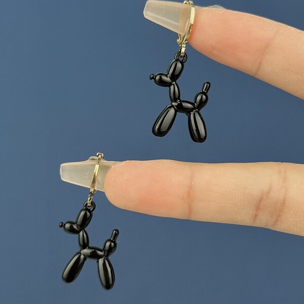 Black Balloon Animal Dog Shaped Jeff Koons Inspired Art Dangle Earrings