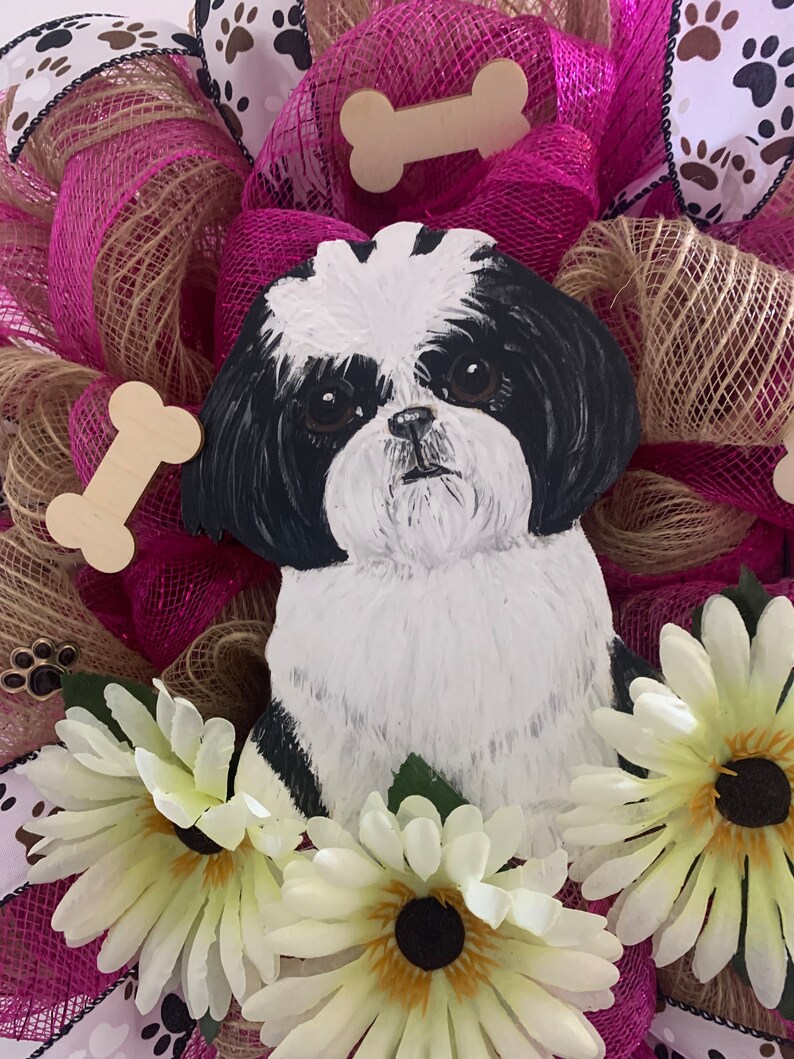 Shih Tzu Puppy Mesh Door Wreath New Handmade image 4