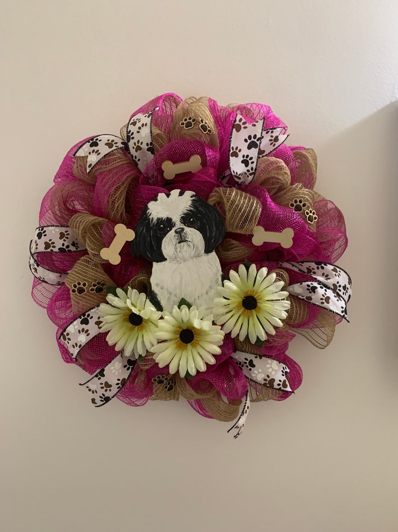 Shih Tzu Puppy Mesh Door Wreath New Handmade image 3