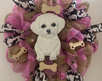 Bichon Puppy Mesh Door Wreath New Handmade