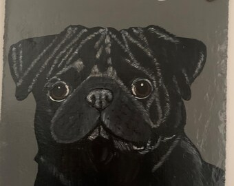 Black Pug  Welcome Sign on Slate New Handmade