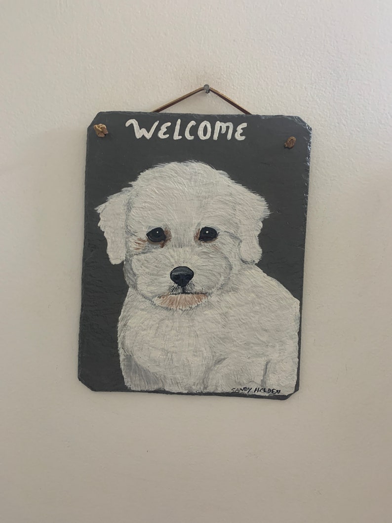 Bichon Pup Welcome Sign on Slate New Handmade image 2