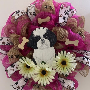 Shih Tzu Puppy Mesh Door Wreath New Handmade image 1