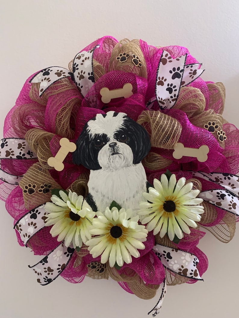 Shih Tzu Puppy Mesh Door Wreath New Handmade image 1