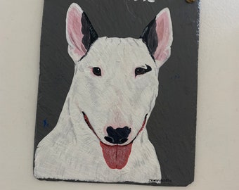 Bull Terrier Dog Welcome Sign on Slate New Handmade