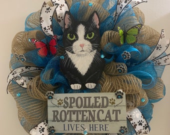 Tuxedo Kitty Mesh Door Wreath New Handmade