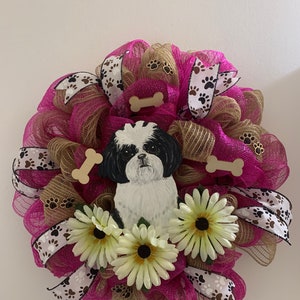 Shih Tzu Puppy Mesh Door Wreath New Handmade image 2