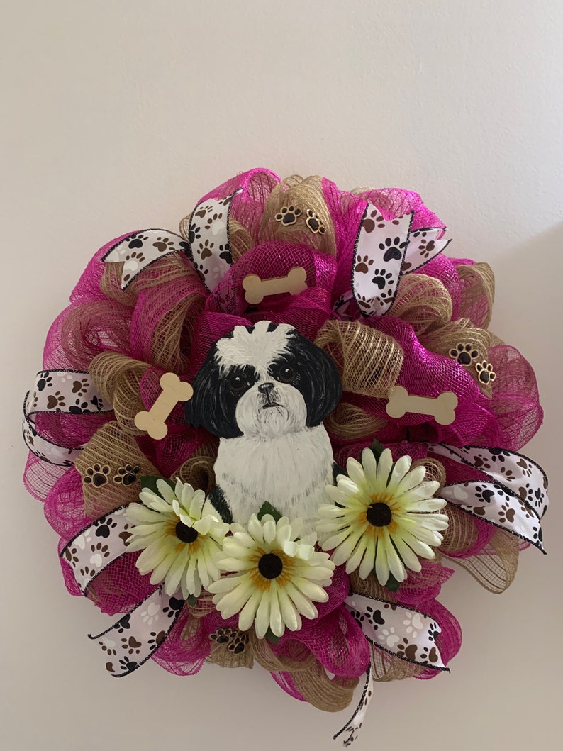 Shih Tzu Puppy Mesh Door Wreath New Handmade image 2