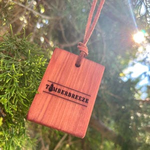 May include: A rectangular wooden air freshener with the text "TIMBERBREEZE" is suspended from a brown leather cord. The wood has a reddish-brown hue, and the text is etched into the surface. The background is blurred green foliage.