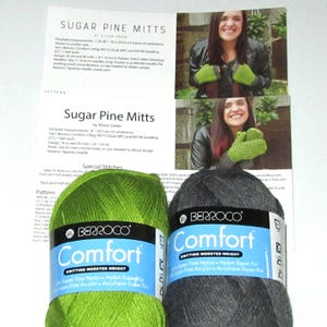 Jimmy Beans Wool Accessory Kit, Oct. 2021, Sugar Pine Mitts: Knit/Crochet Patterns Inc, Berroco Comfort Worsted 9713 Gray/9740 Green (B2)