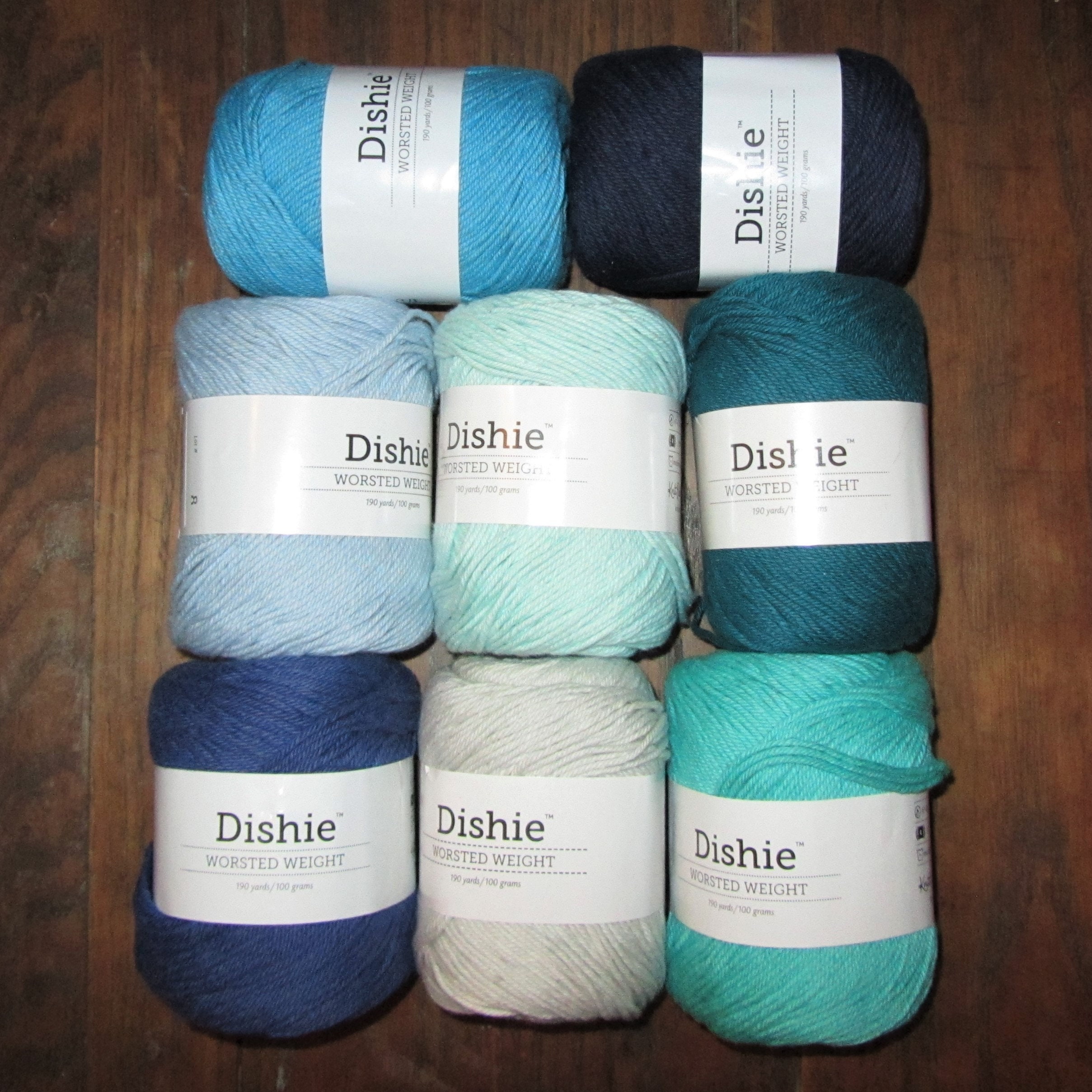 Dishie Value Pack - Set of 8 Skeins of Worsted Weight 100% Cotton Yarn in  The Blues, 190 Yards Each, 1520 Total Yards (B1)