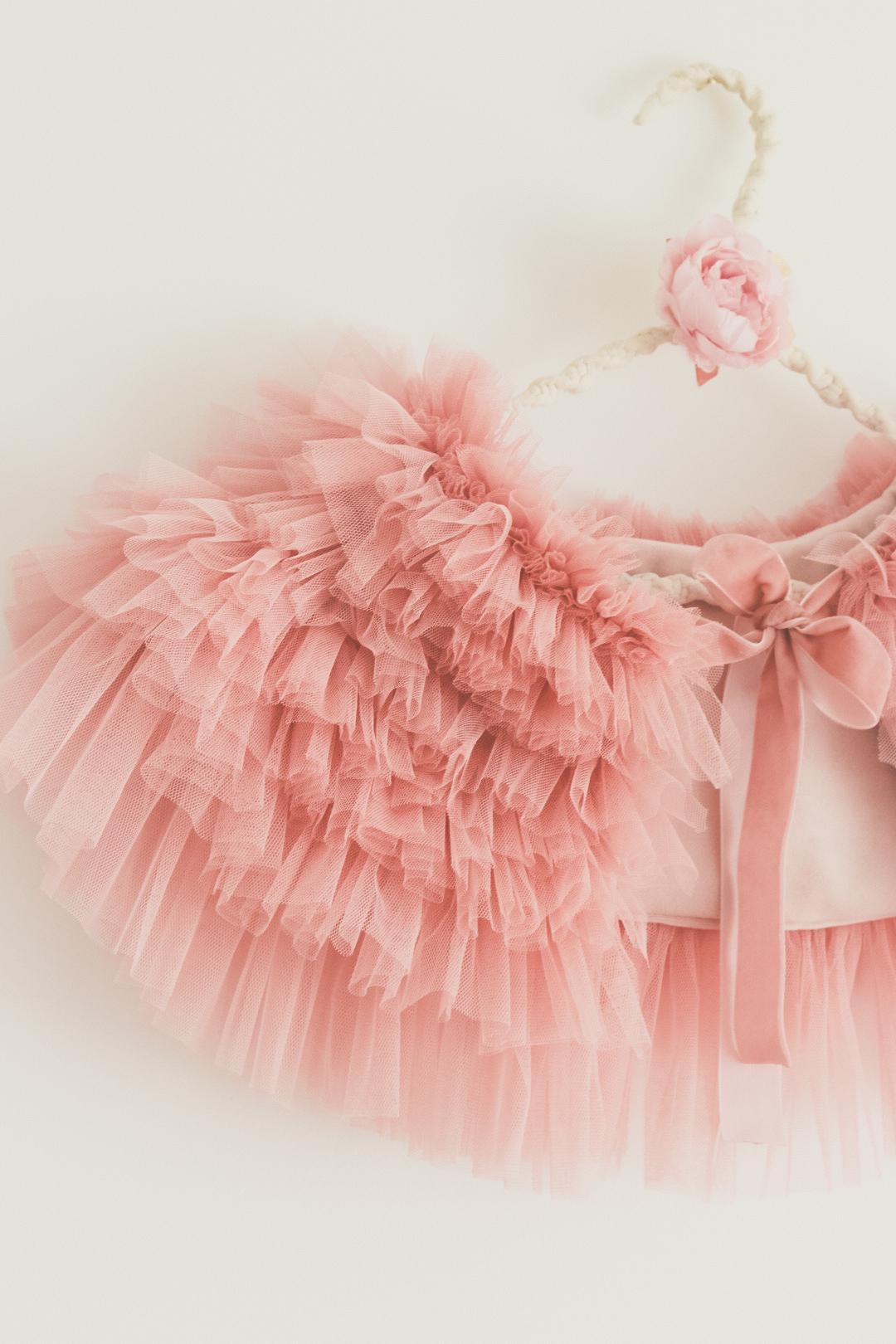 Ruffled Tulle Capelet: Dusky Pink Velvet Shawl, Girls Size 4