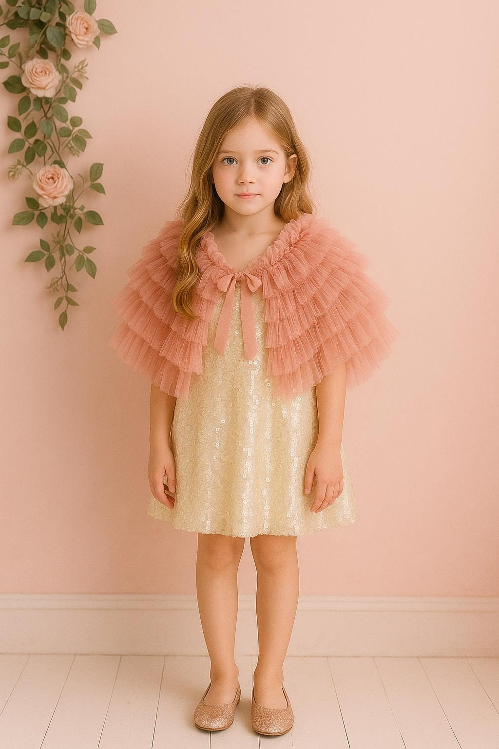 Ruffled Tulle Capelet: Dusky Pink Velvet Shawl, Girls Size 4