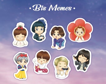 May include: Seven illustrated stickers featuring characters from the K-pop group BTS. The stickers are on a light purple background with white clouds. The stickers feature the characters in various poses and outfits. The text "Bts Memes." is at the top of the image.