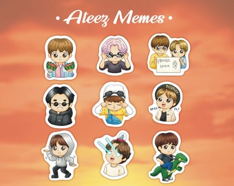 May include: Nine cartoon stickers featuring different characters from the K-pop group Ateez. The stickers are on a peach-coloured background with a sunset gradient. The text "Ateez Memes" is at the top of the image.