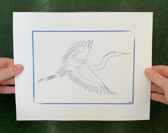 Great Blue Heron Line Drawing Print – Minimal Coastal Bird Art (8x10)