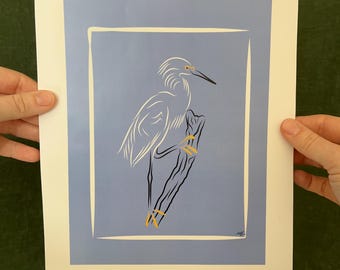 Sneeuwreiger lijntekening print – Minimal Coastal Bird Art (8 x 10)