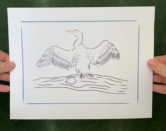 Cormorant Bird Print – Coastal Wall Art – Nautical Decor – Minimal Line Drawing – Beach House Art