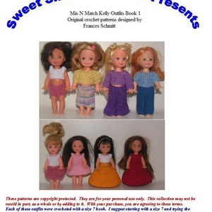 Peut inclure: Une collection de tenues de poupée en crochet pour le livre Mix N Match Kelly Outfits Book 1. Les tenues sont de différentes couleurs, notamment rose, jaune, orange, rouge, bleu, violet et vert. Les tenues sont conçues par Frances Schmitt.
