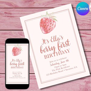 Strawberry Themed Birthday Invitation | Editable Template | Digital Download | Bday Invite | 1st Birthday | Girl | Berry First | Mobile