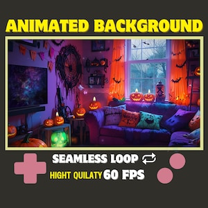 Animated Halloween Background for Twitch, Zoom, Vtuber Cozy Spooky Animated Virtual Background Living room, Seamless Loop Video,