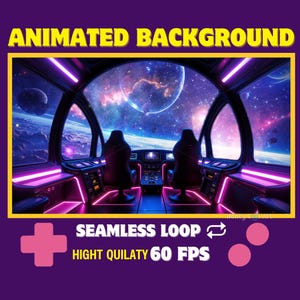 Pode incluir: Fundo animado que apresenta uma cabine de nave espacial com luzes rosa brilhantes e uma vista de um céu noturno estrelado com planetas. O texto "SEAMLESS LOOP" e "HIGHT QUILATY 60 FPS" é exibido na parte inferior da imagem.