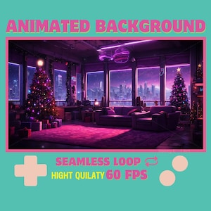 Animerad julvardagsrum virtuell bakgrund Vtuber Twitch Streaming rörlig bakgrundsbild Loop, Cyberpunk Wonderland, Full HD - AI-Art