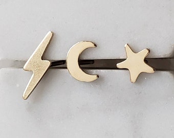 Earring Stud Set • Celestial Studs • Little Star Stud • Crescent Moon Stud • Gold Lightning Bolt • Multiple Piercing Set • Mixed Stud Set